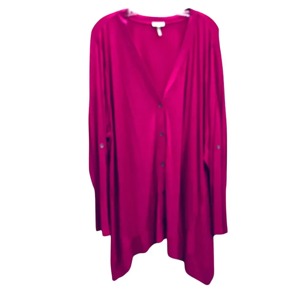 Cardigan Logo Lori Goldstein Button Front 3X Dark Pink Roll Tab Asymmetric Hem